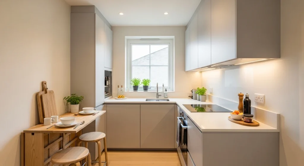 Small kitchen with light neutral color palette creating bright and open feel
