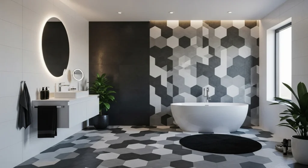 Modern bathroom floor with geometric hexagon tile pattern