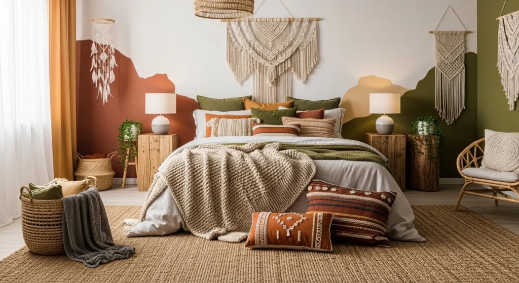 Bohemian bedroom set with earthy tones, layered textiles and cozy decor