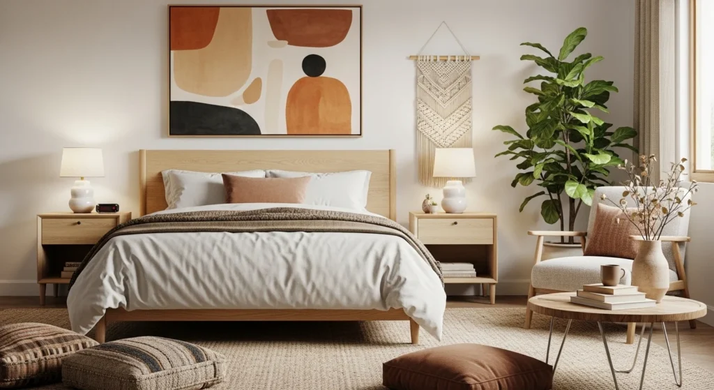 Boho king bedroom set with earthy tones, layered textiles and natural decor