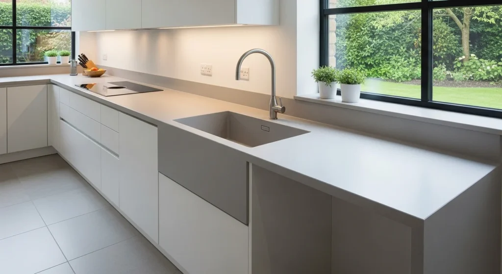 Kitchen countertop with built in sink creating seamless modern design