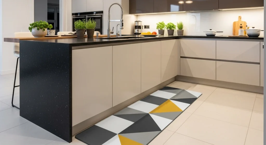 Anti-fatigue cushioned mat placed near kitchen sink for comfortable standing