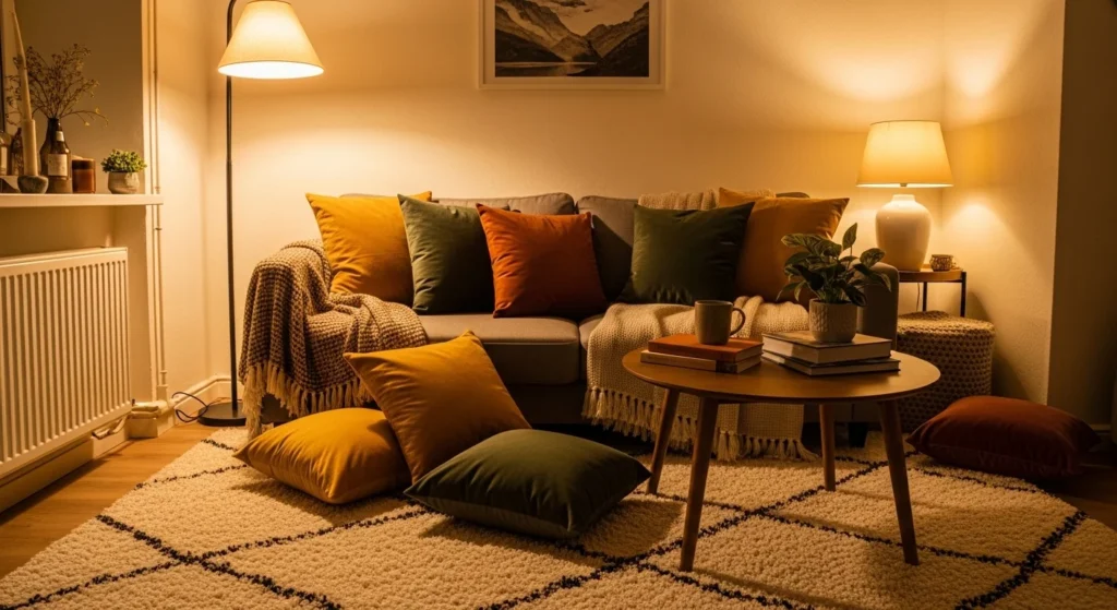 Small living room with layered rugs, cushions, and throws adding warmth and comfort