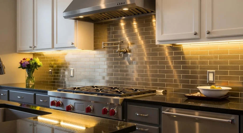 Luxury kitchen wall decorated with reflective metallic tiles for a modern look