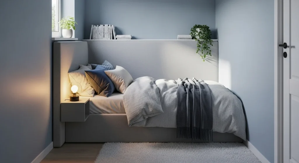 Small bedroom with bed placed in the corner to maximize floor space