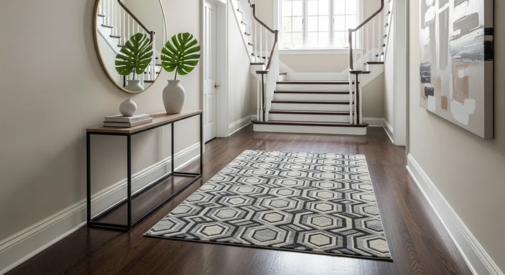 Entryway decorated with patterned rug adding warmth and style