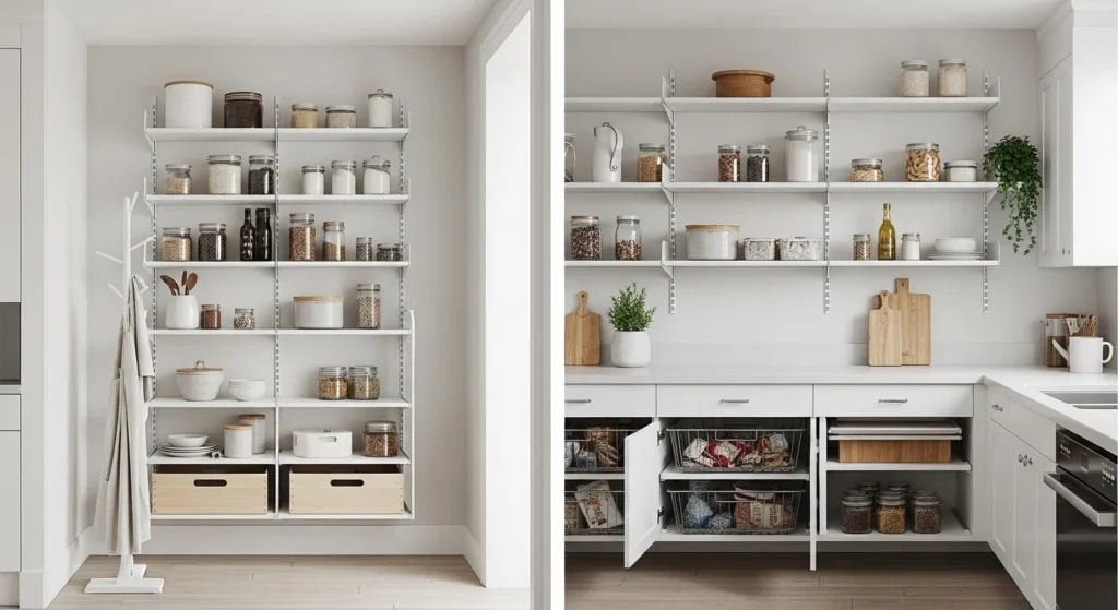 Simple and clean pantry wall with matching containers for small kitchens