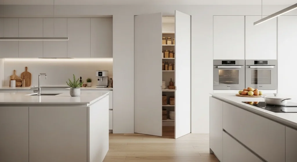 Minimalist hidden pantry integrated into kitchen cabinets with concealed door