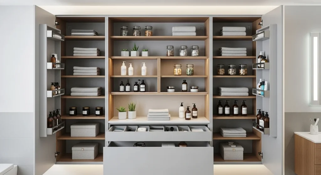 Tall bathroom cabinet providing vertical storage space for towels and toiletries