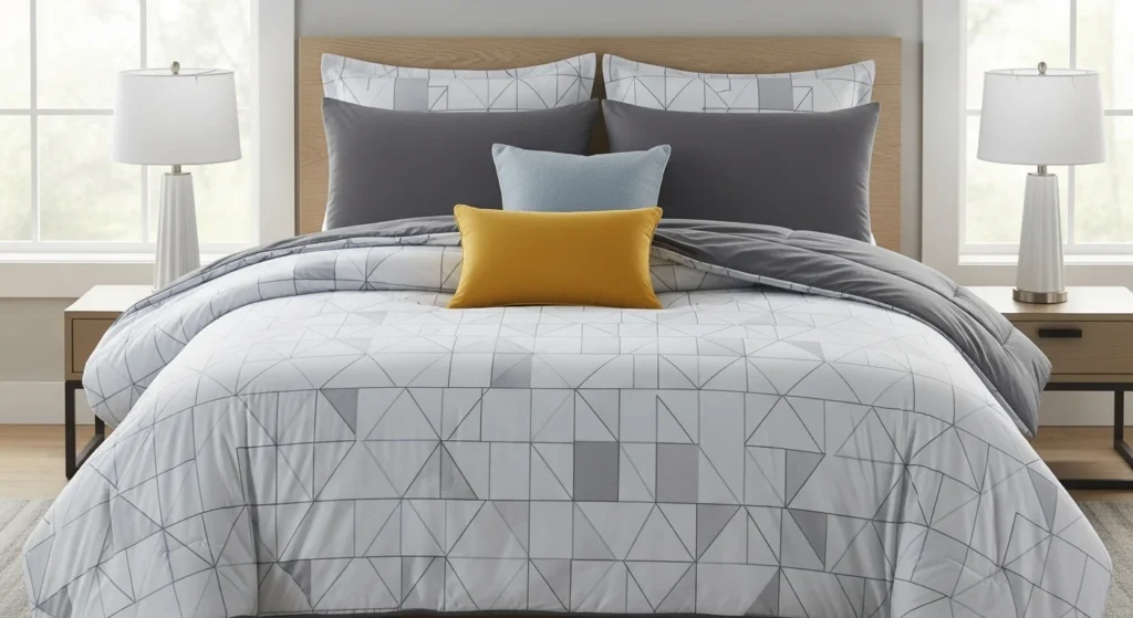 Dual design reversible queen comforter set offering two stylish bedroom looks