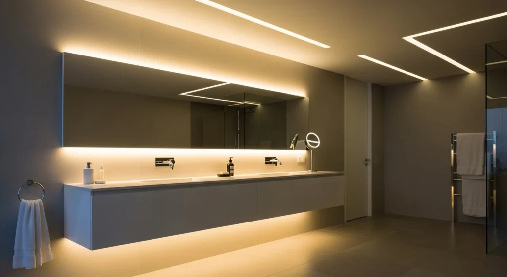 Modern bathroom with floating LED strip lighting under vanity and mirrors