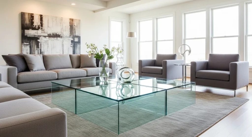Elegant living room with glass furniture and modern transparent elements