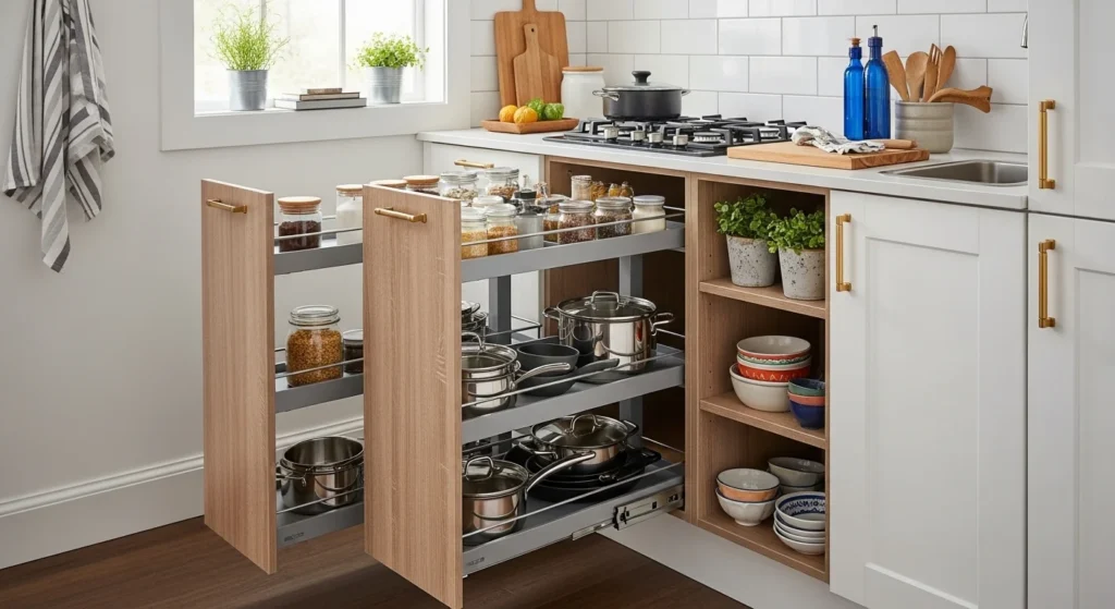 Smart corner storage design in small kitchen with pull-out shelves and organizers