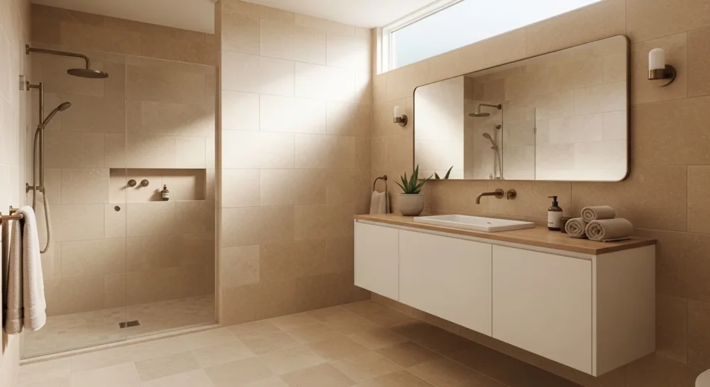 Elegant bathroom with neutral beige tiles creating warm and calming space