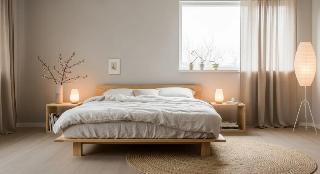 Japandi bedroom set combining Japanese minimalism and Scandinavian comfort