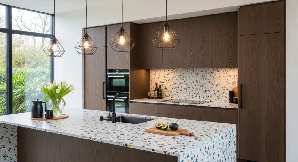 Modern kitchen with terrazzo countertop featuring colorful speckled surface