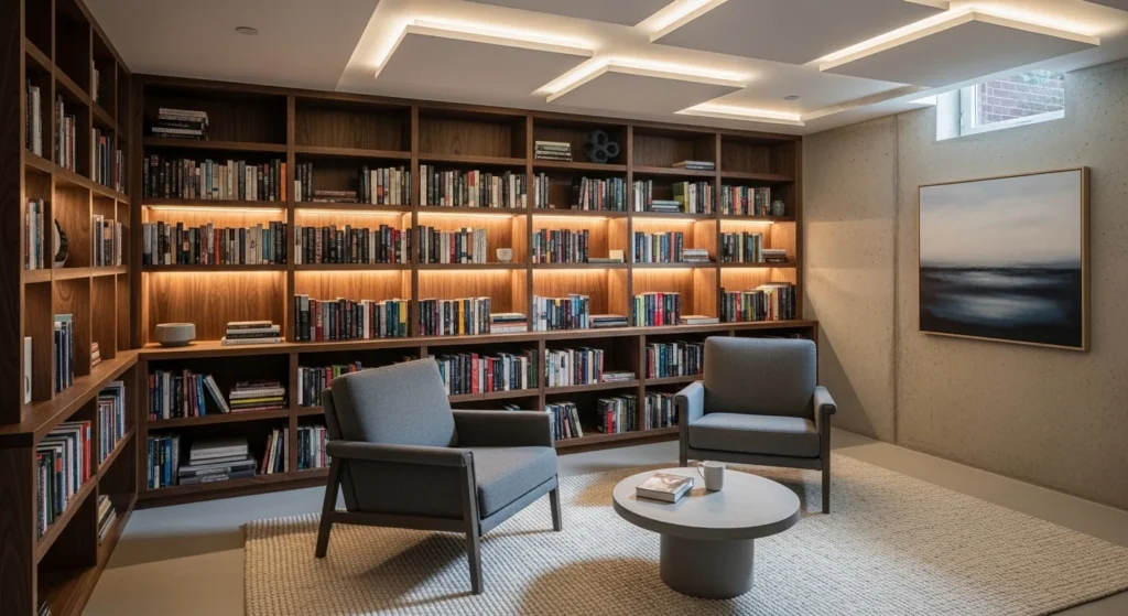 Basement library with floor-to-ceiling bookshelves and cozy reading chairs