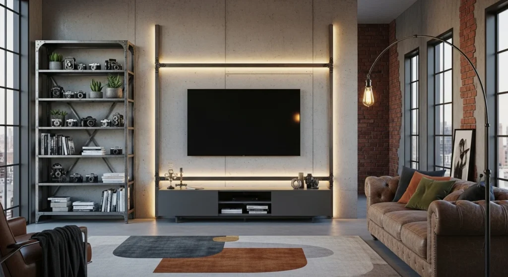 industrial tv wall with concrete texture and metal accents