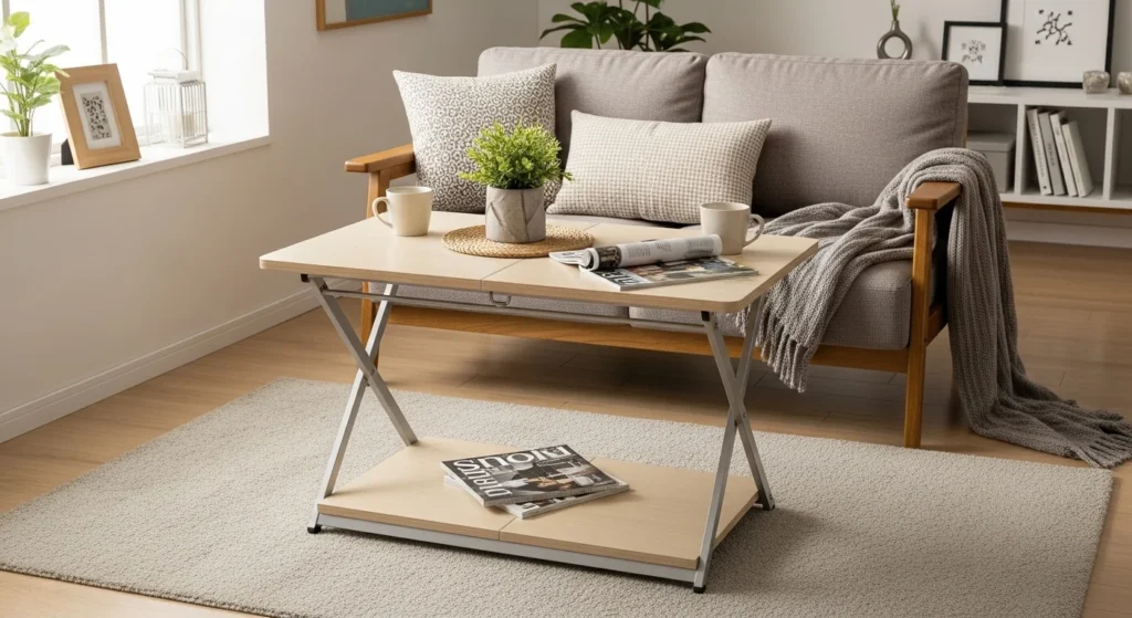 Compact living room with foldable coffee table for flexible space and practical use