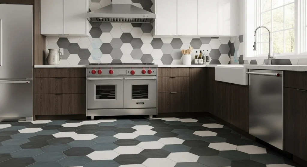 Modern kitchen backsplash featuring stylish hexagon shaped tiles