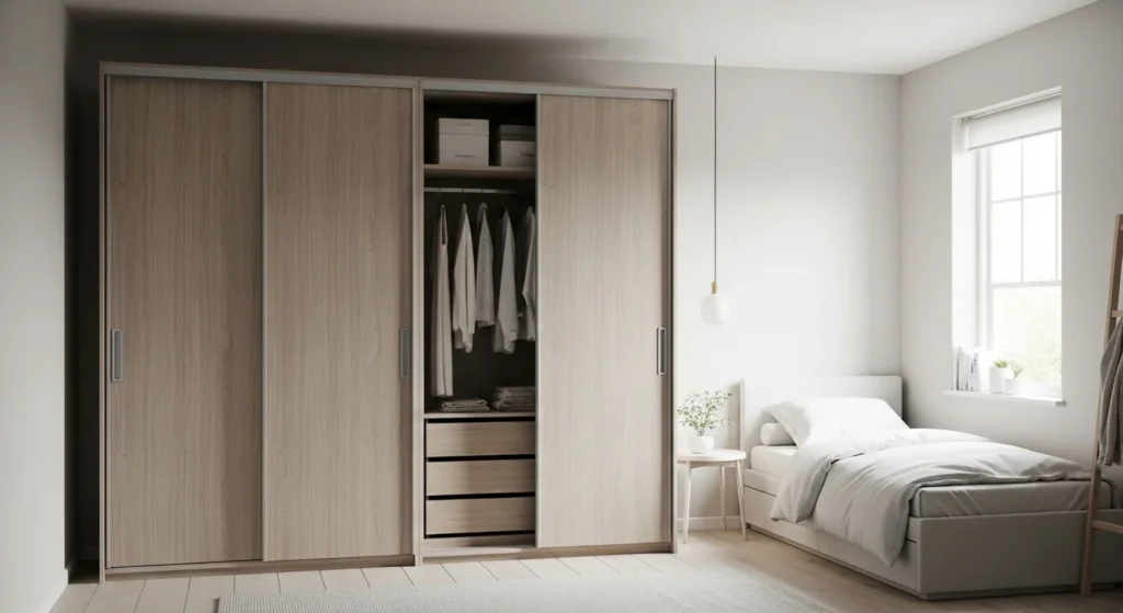 Compact bedroom with sliding door wardrobe saving space and improving organization