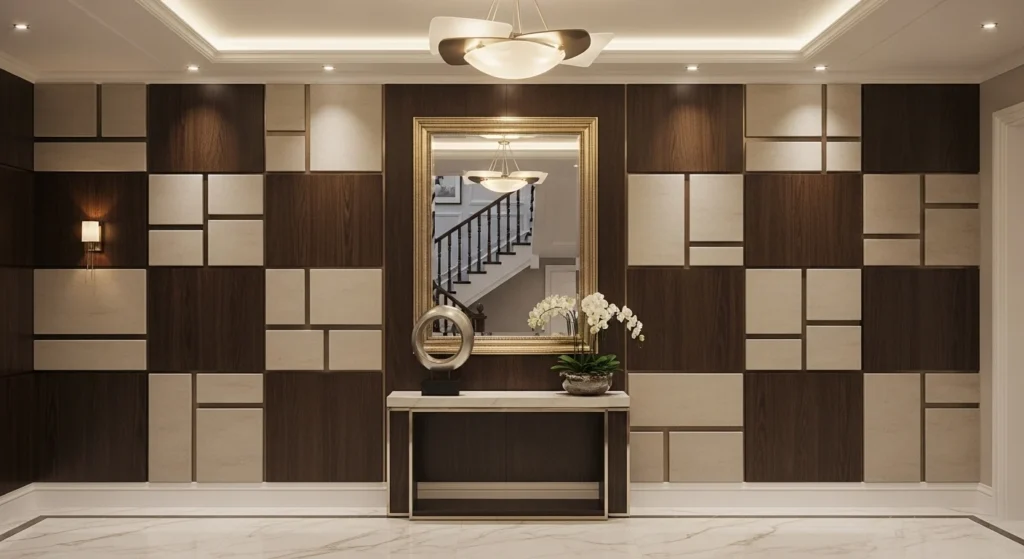 Elegant foyer with decorative wall paneling and classic interior design