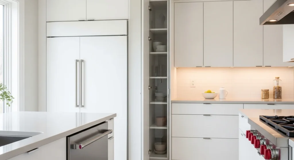 Slim pantry cabinet utilizing small gaps between appliances for storage