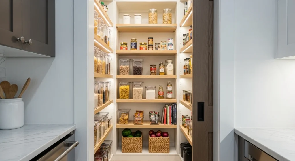 Narrow walk-in pantry with vertical shelves maximizing storage space