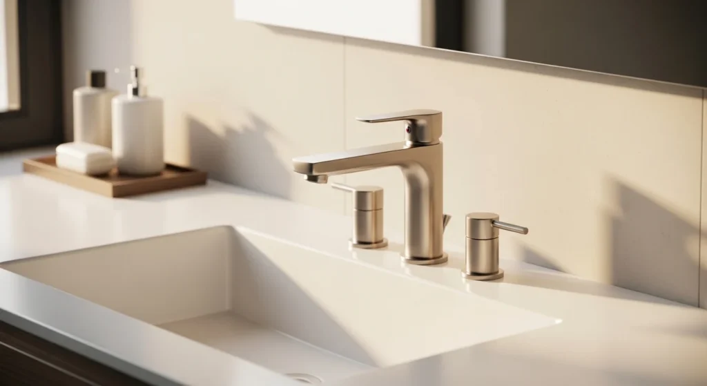 Modern brushed nickel faucet with soft metallic finish