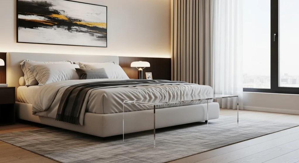 Transparent acrylic bench used in modern minimalist bedroom design