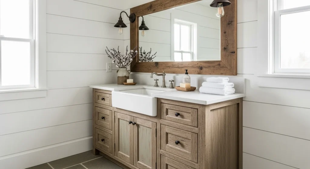 Rustic farmhouse bathroom cabinet with distressed wood finish and cozy country style