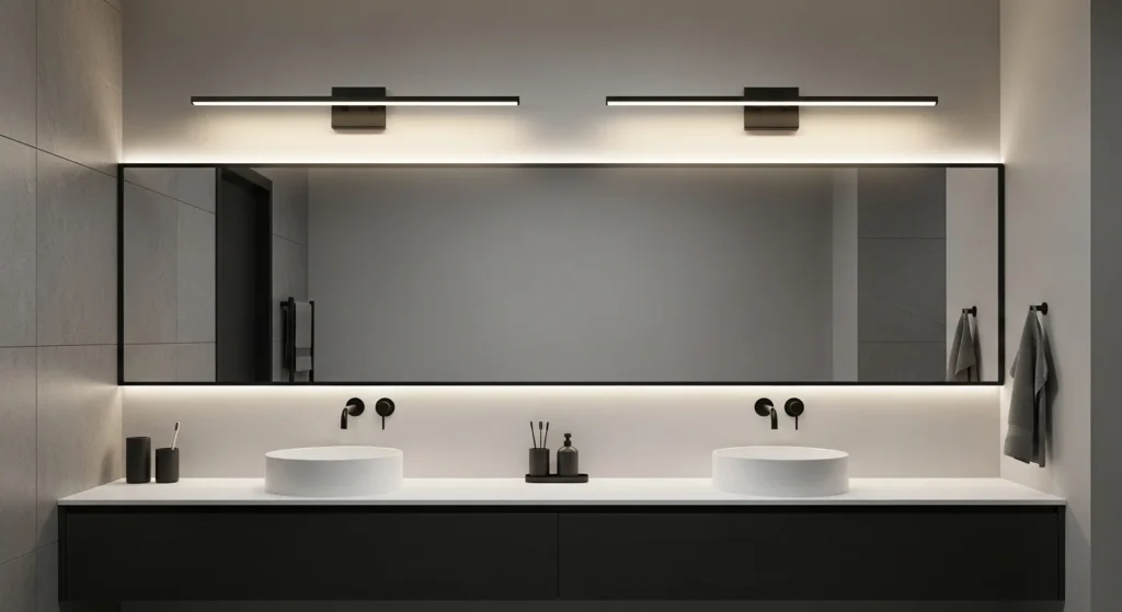 Contemporary bathroom with matte black light fixtures creating bold contrast