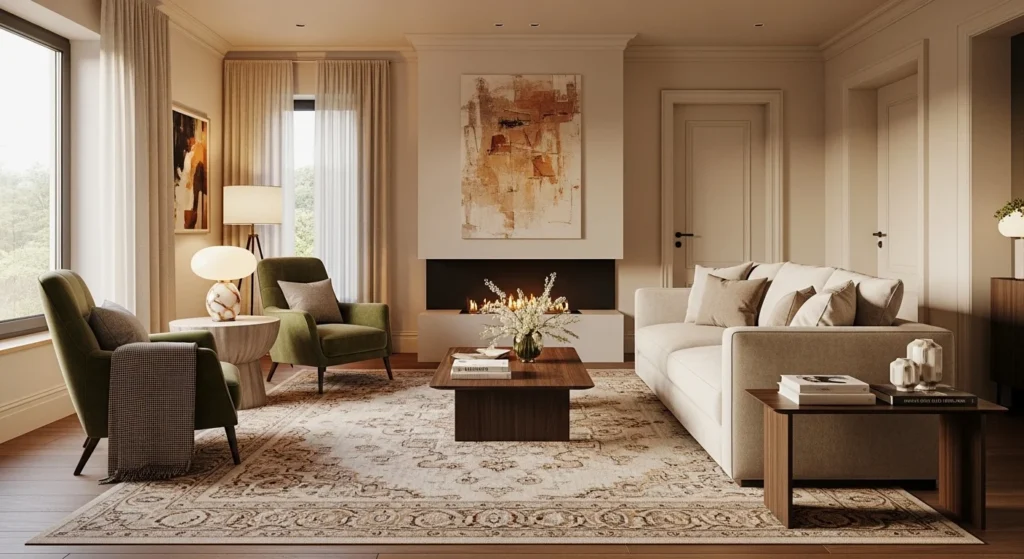 Warm and inviting living room with plush seating and soft textures