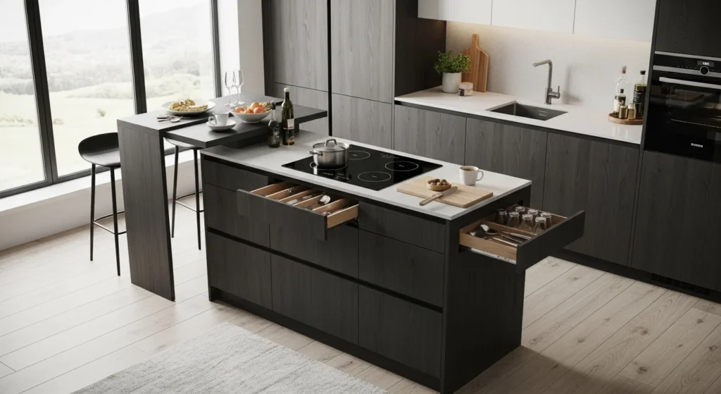 Tiny kitchen with small island adding extra workspace and storage