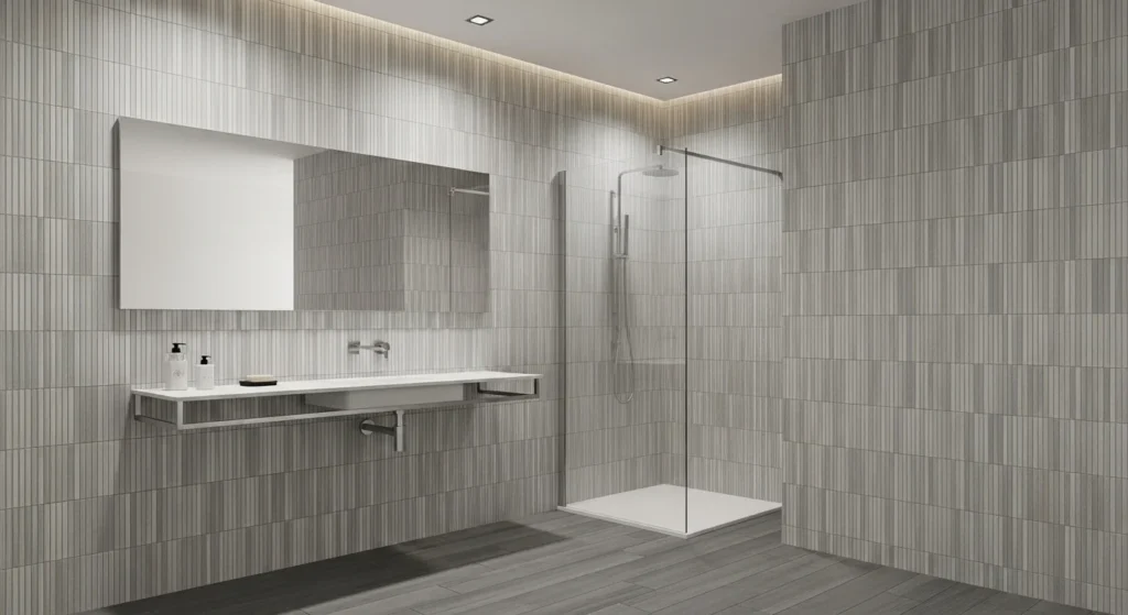 Bathroom with vertically placed tiles making space look taller and modern