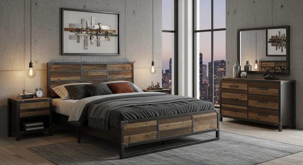 Bedroom set with metal and wood elements in an industrial modern design