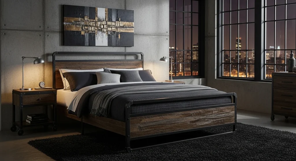 King bedroom set with metal and wood furniture in industrial style interior