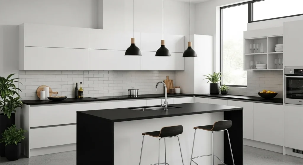Kitchen with black countertop creating bold contrast with light cabinets