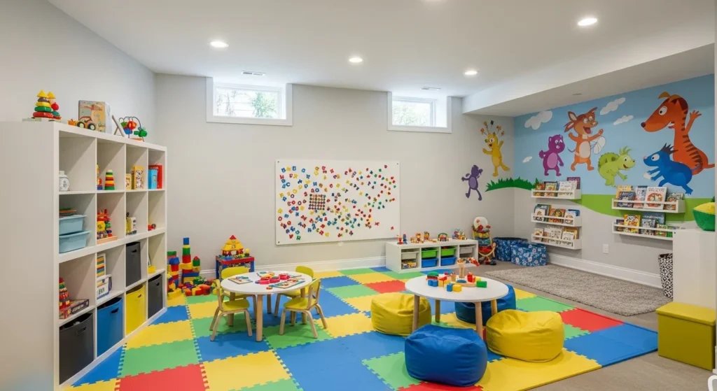 Colorful basement playroom with soft flooring and interactive toys for kids