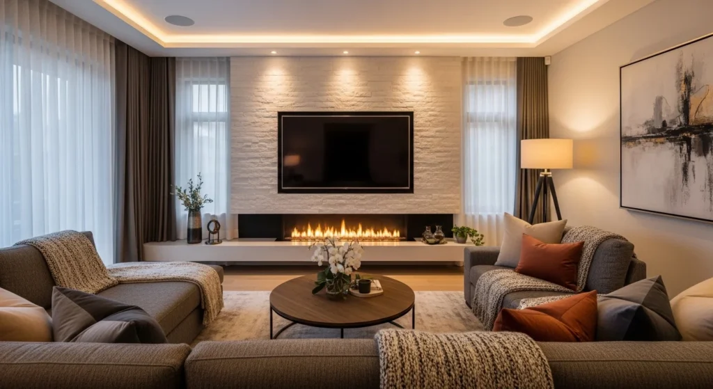 living room tv wall with fireplace below tv and cozy seating