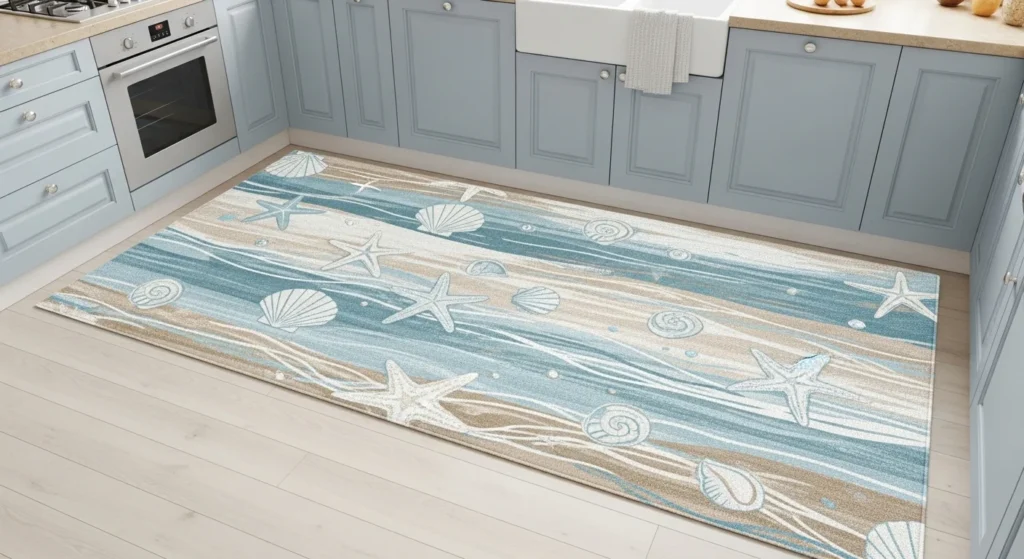 Beach-inspired kitchen rug with soft blue tones in bright coastal kitchen