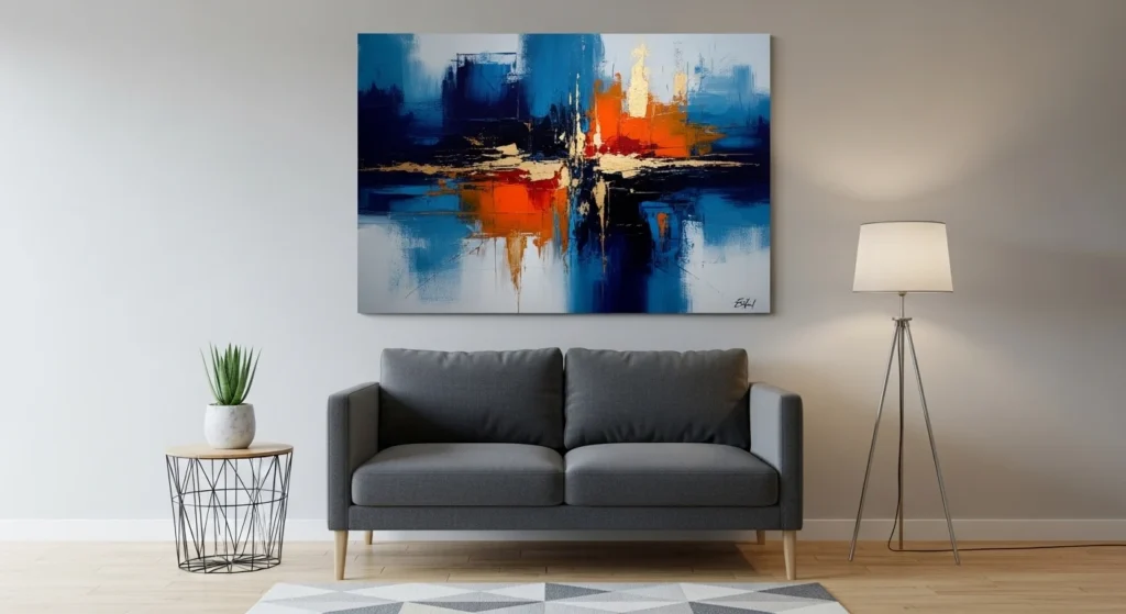 Small apartment living room featuring bold wall art as a focal point