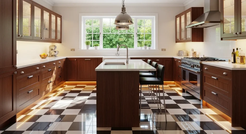 Classic black and white checkerboard tile flooring in a modern kitchen