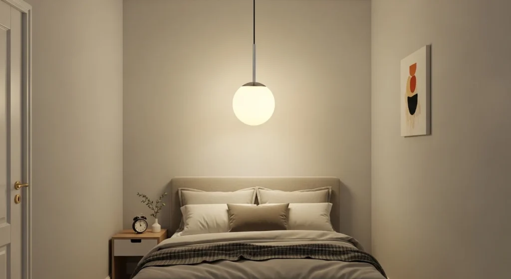 Tiny bedroom with stylish lighting fixture creating a modern focal point