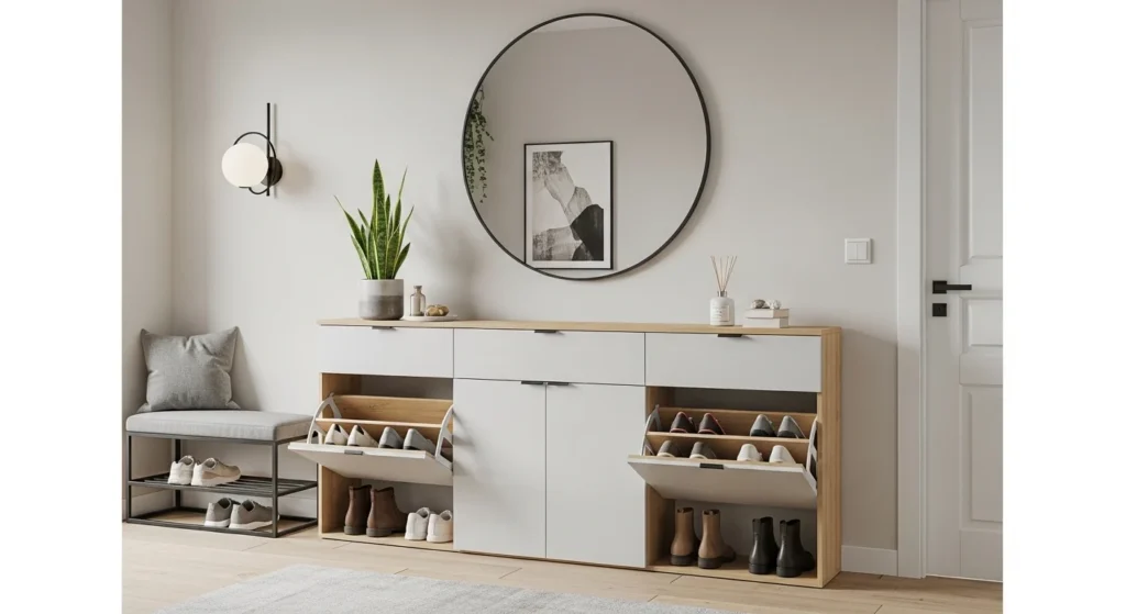 Organized entryway featuring modern shoe storage cabinet furniture