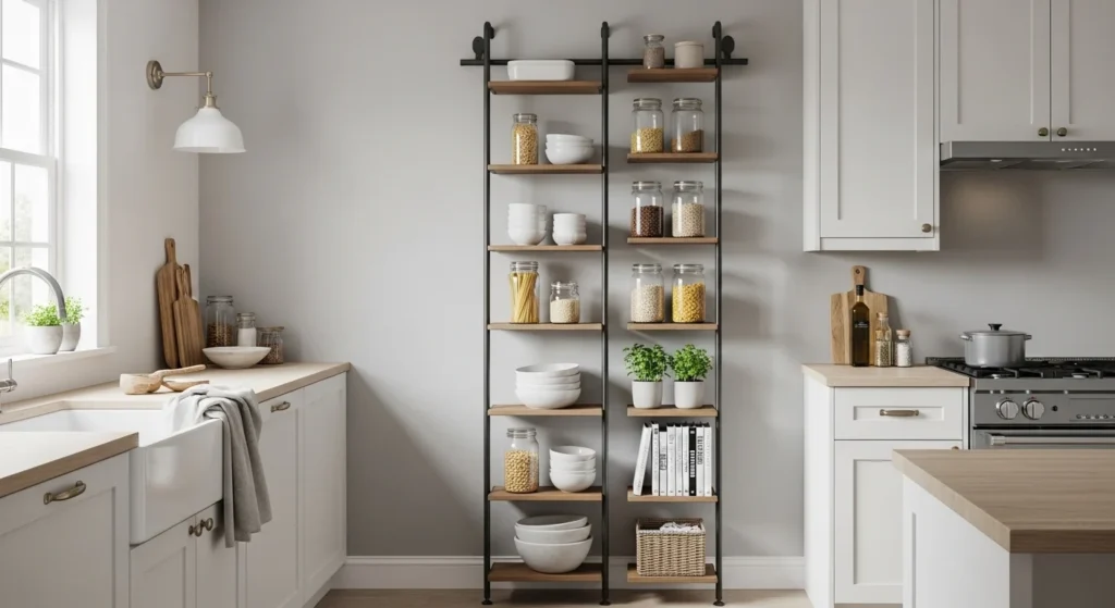 Leaning ladder pantry shelves with baskets for compact kitchen organization