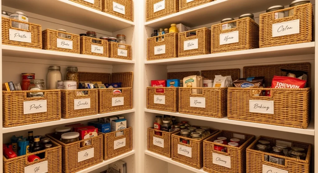 Pantry shelves organized with wicker baskets and labeled storage bins