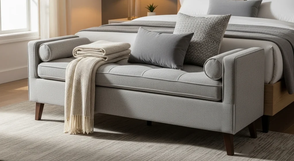 Soft fabric upholstered bedroom bench designed for comfortable seating