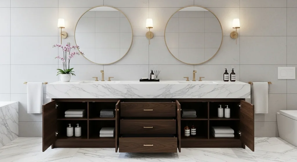 Luxury bathroom vanity cabinet with elegant white marble countertop