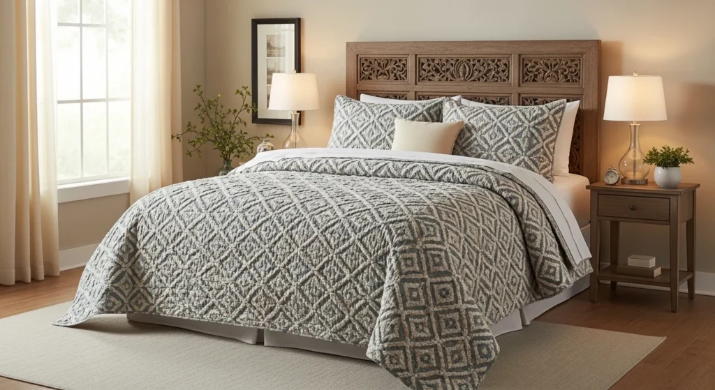 Soft quilted queen comforter bedroom set with textured stitching design